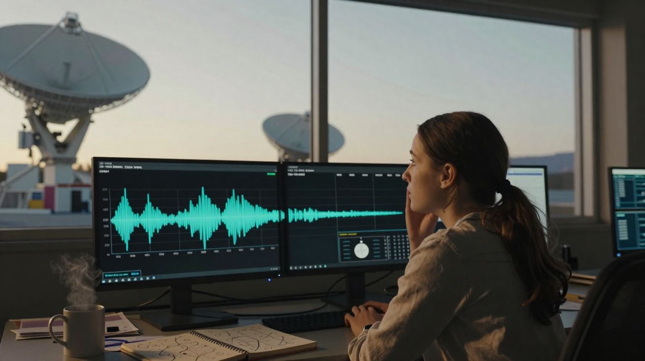 Mulher a analisar sinais de áudio em monitores, com antenas parabólicas visíveis pela janela ao pôr do sol.