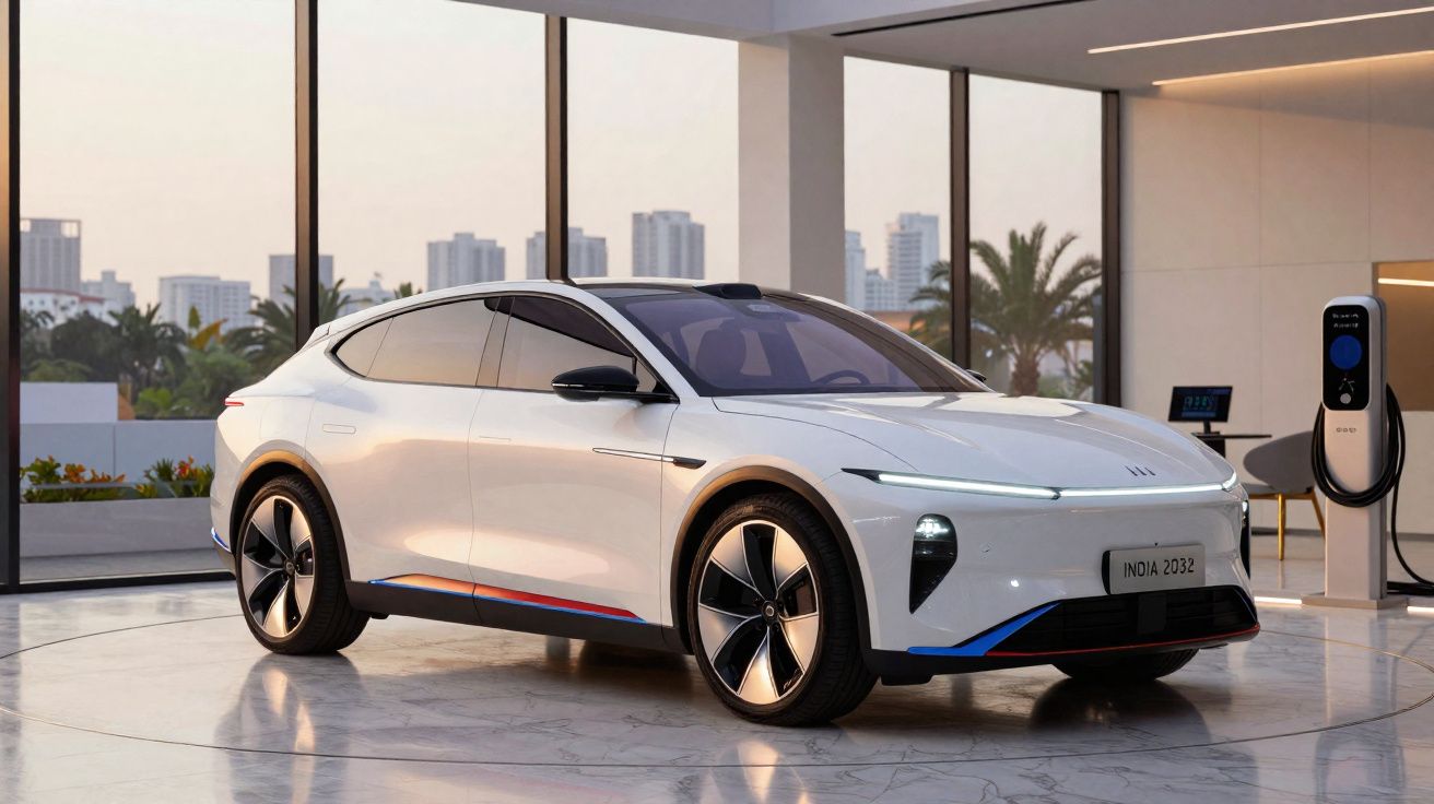 Carro elétrico branco moderno estacionado numa sala com janelas amplas e carregador elétrico.