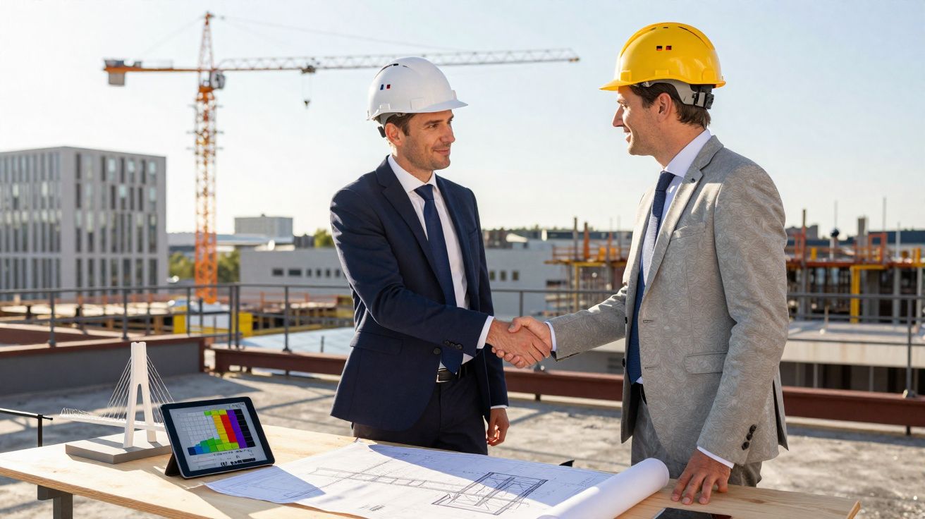Dois engenheiros em obras a apertar as mãos junto a plantas e maquete numa mesa ao ar livre.