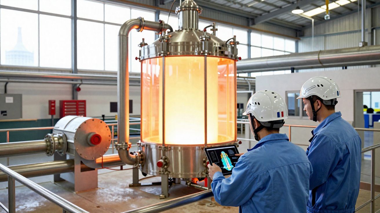 Dois técnicos com capacetes brancos monitorizam equipamento industrial numa fábrica moderna.