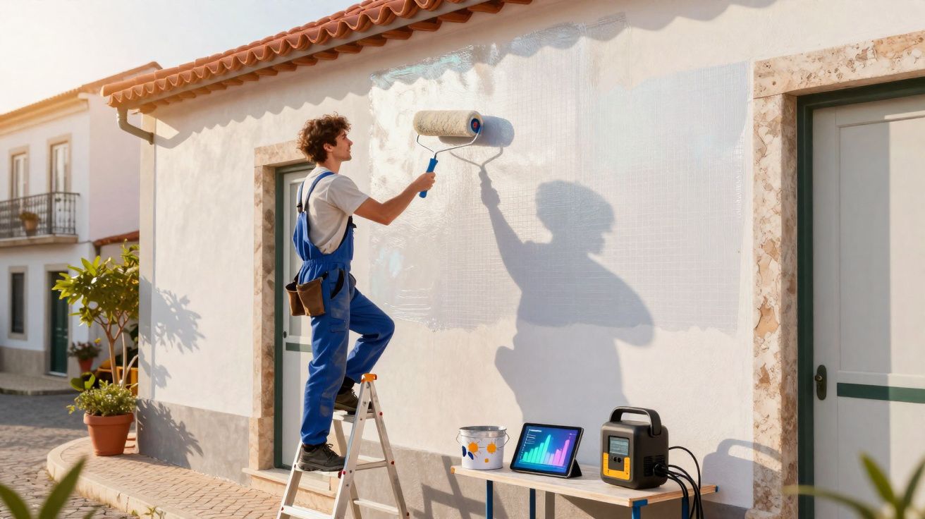 Homem a pintar a parede exterior de uma casa com um rolo branco, em dia solarengo.