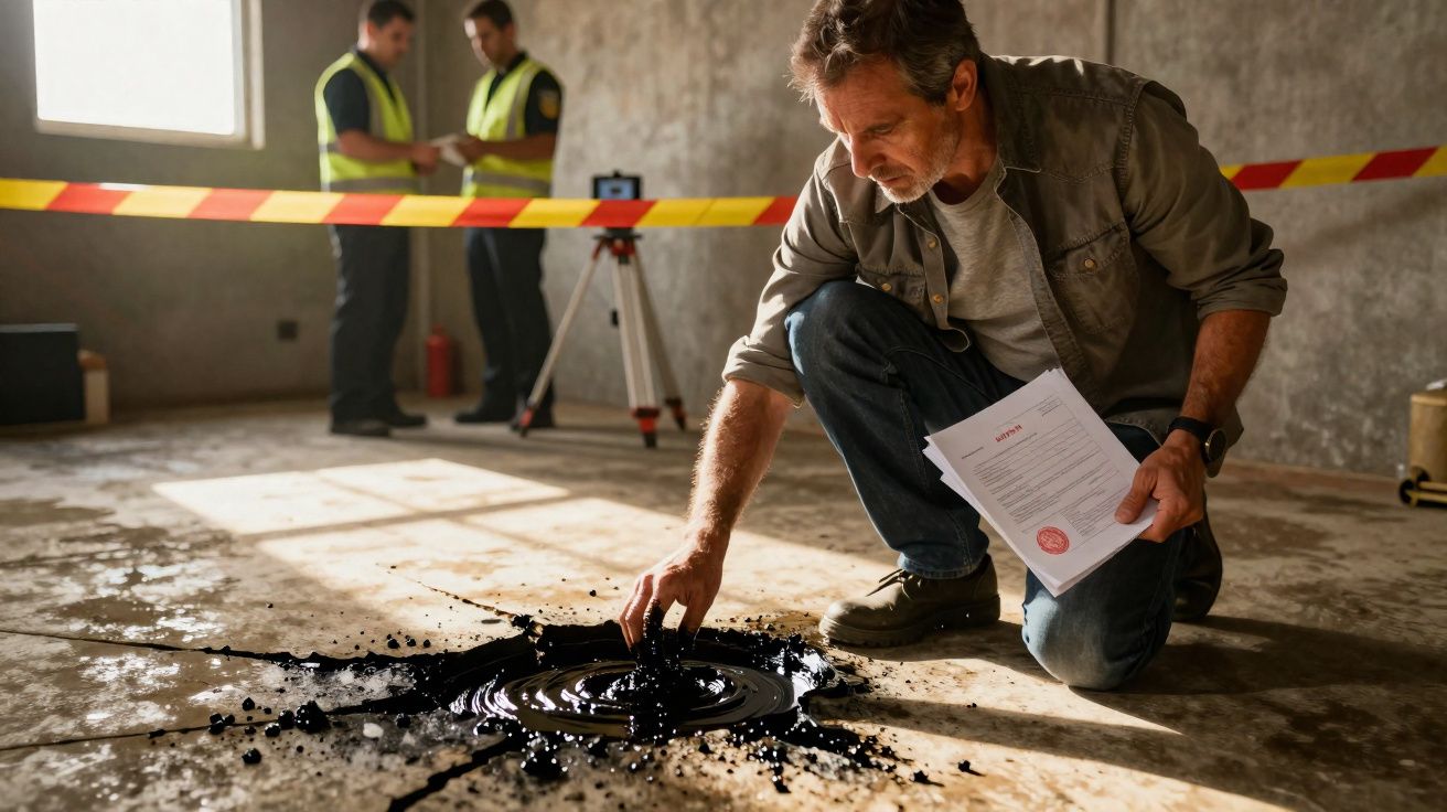 Homem analisa manchas de óleo no chão de uma sala isolada, com dois agentes ao fundo atrás de fita de segurança.