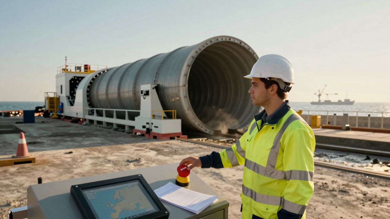 Homem com colete e capacete de segurança controla equipamento próximo a grande tubo metálico numa obra junto ao mar.