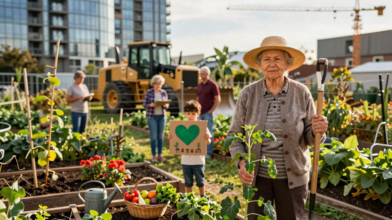 Senhora idosa com chapéu numa horta urbana, com grupo de pessoas e criança ao fundo.