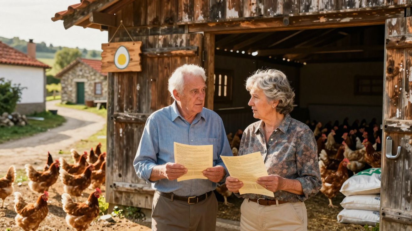 Casal idoso a analisar documentos à porta de um galinheiro com várias galinhas à volta.