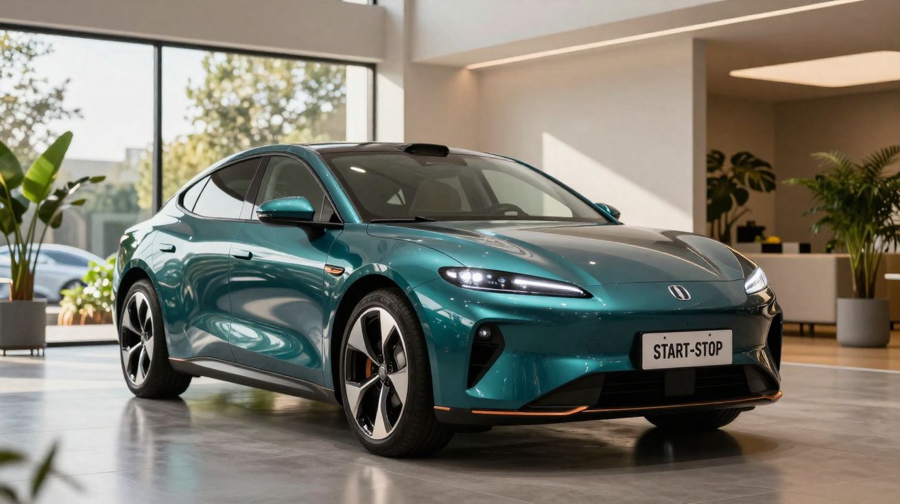 Automóvel elétrico verde metálico numa sala moderna com luz natural e plantas decorativas.