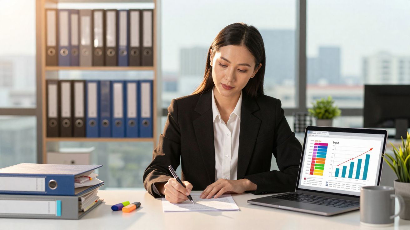 Mulher de negócios a analisar gráficos no portátil e a escrever numa mesa de escritório organizada.