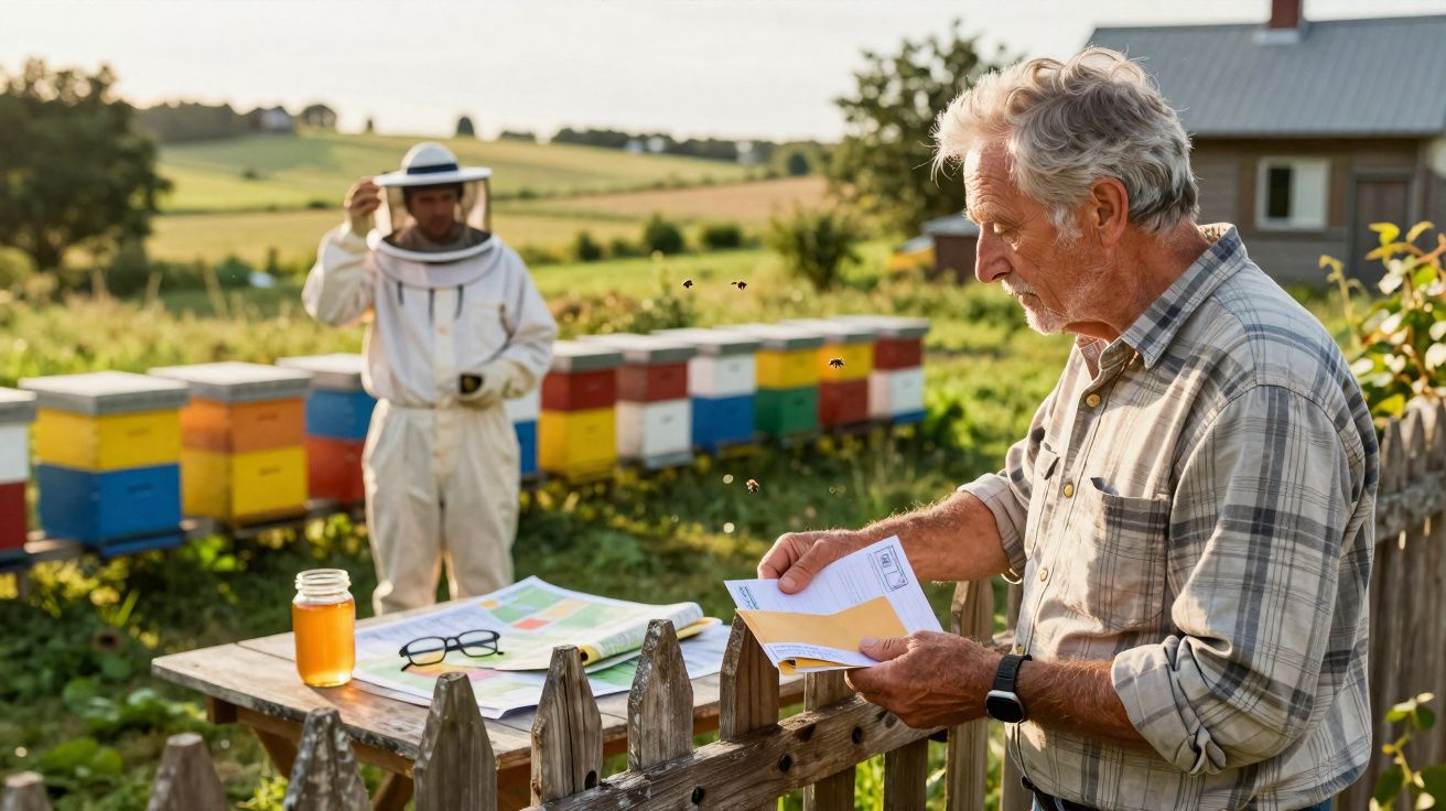 Homens numa quinta com colmeias coloridas, um com fato de apicultor e outro a ler documentos junto a um frasco de mel.
