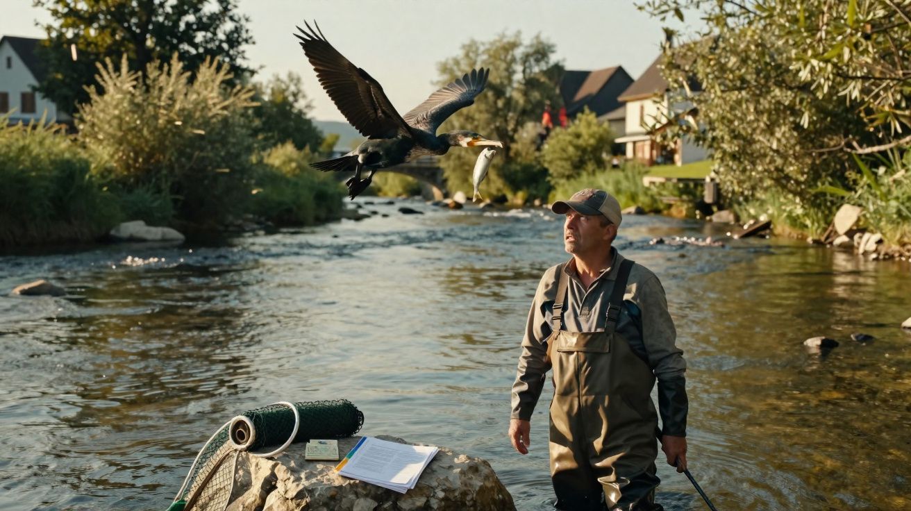 Homem de pesca em rio observa garça voando com peixe no bico numa paisagem rural ao pôr do sol.