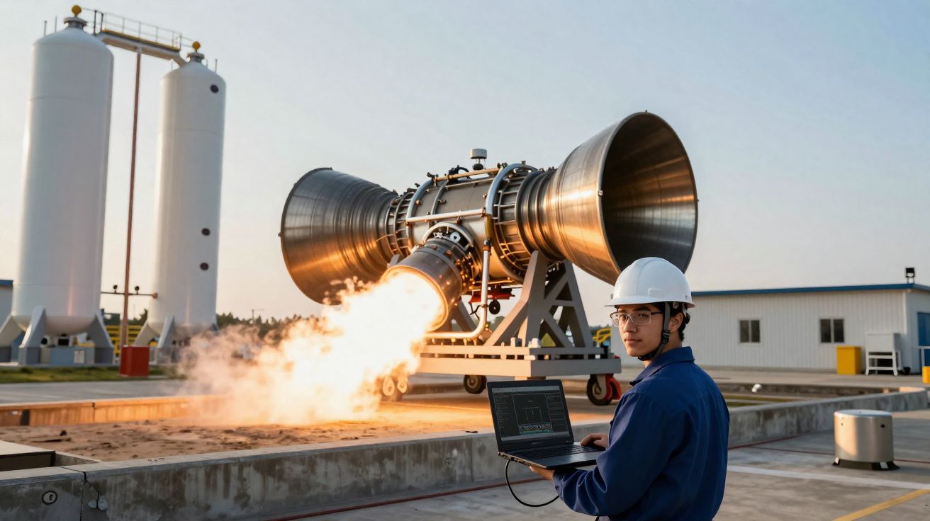 Engenheiro com capacete a controlar teste de motor de foguete em laboratório ao ar livre ao pôr do sol.