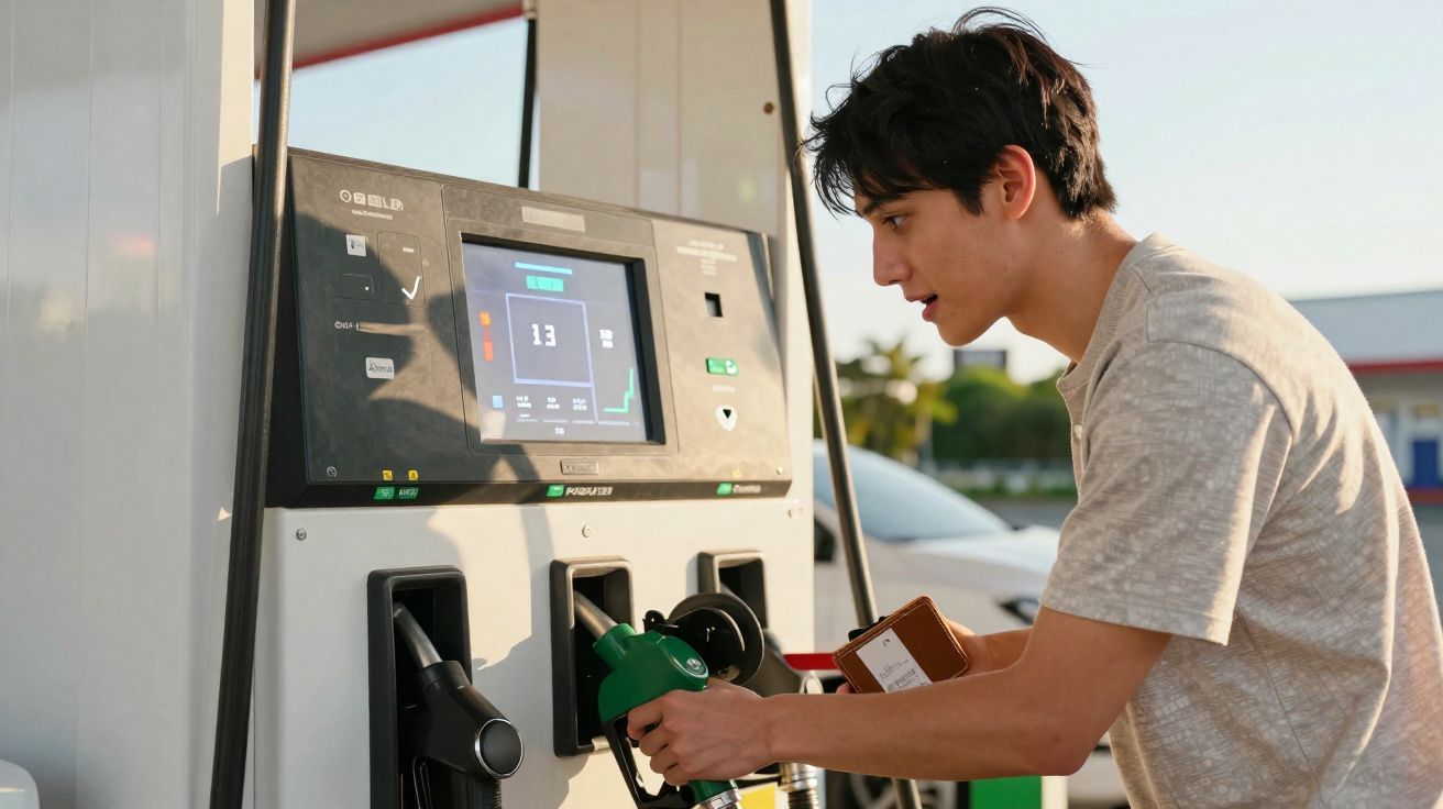 Jovem de camiseta clara a manusear bico de bomba de combustível numa estação de serviço ao ar livre.