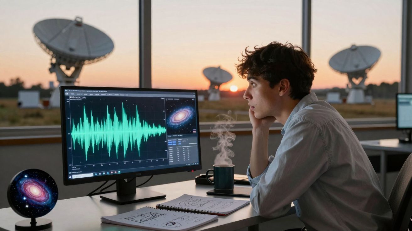 Jovem a estudar sinais de rádio numa estação com antenas parabólicas ao pôr do sol.