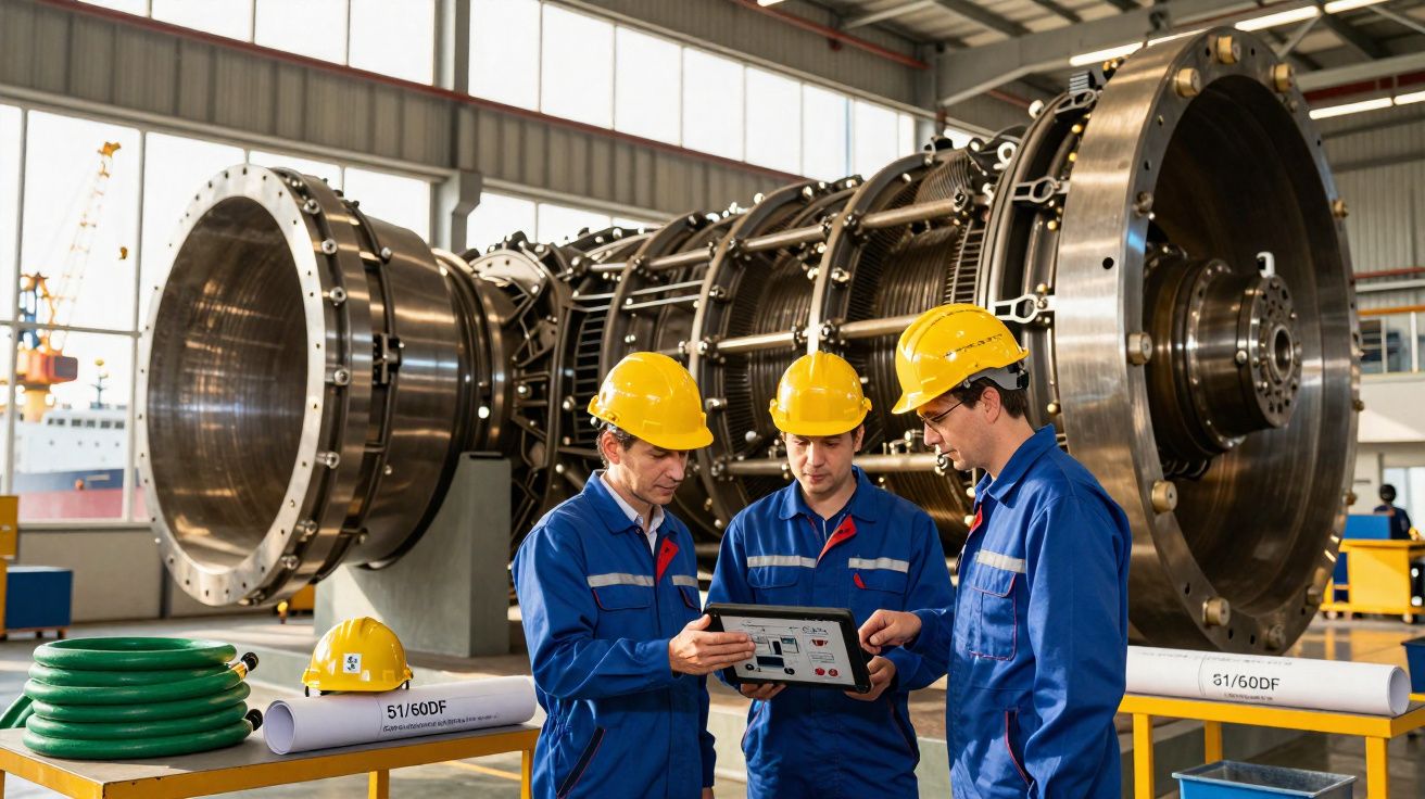 Três engenheiros em fato de trabalho e capacete amarelo analisam tablet numa fábrica industrial com turbina grande ao fundo.