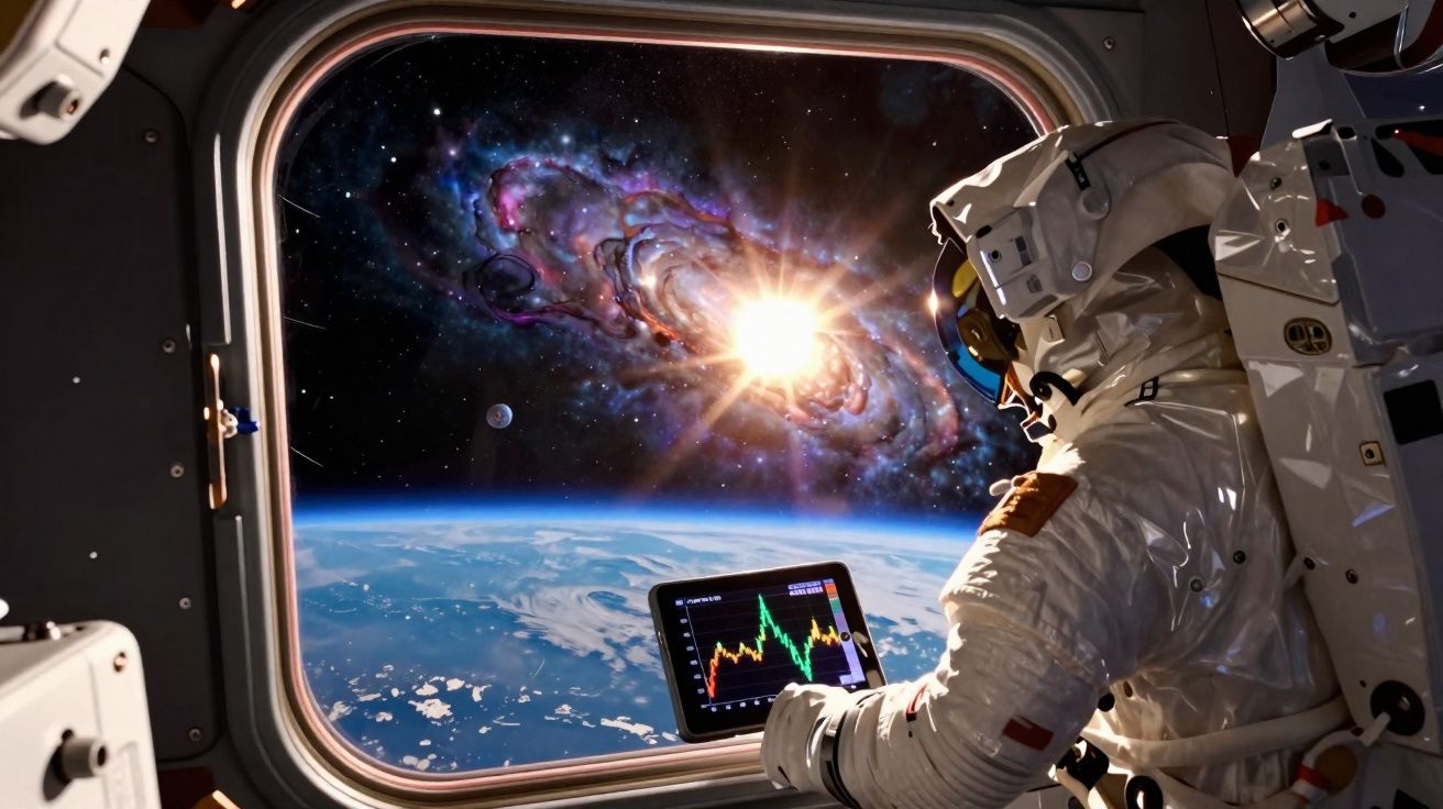 Astronauta dentro da nave espacial a observar o espaço e um tablet com gráficos coloridos.