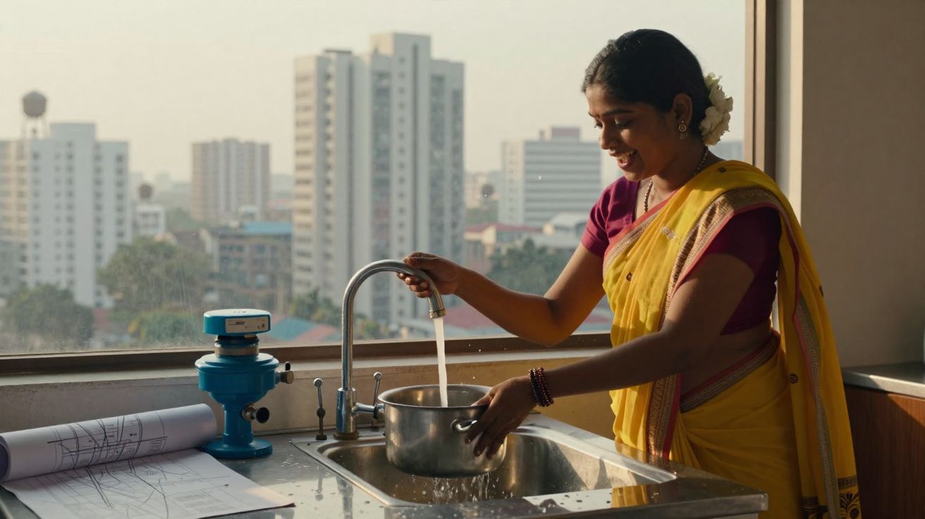 Mulher indiana a encher um tacho com água numa cozinha com vista para a cidade ao fundo.