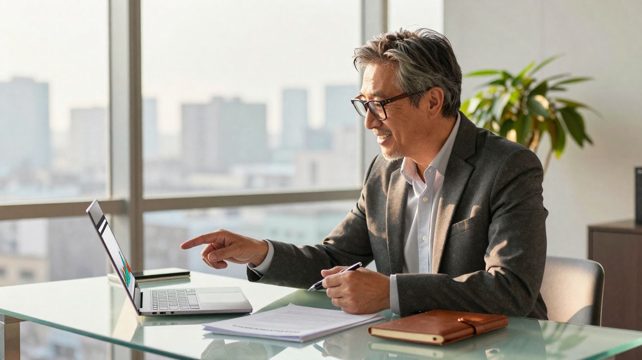 Homem de negócios a sorrir e a apontar para um gráfico no portátil, sentado numa mesa de escritório com vista urbana.