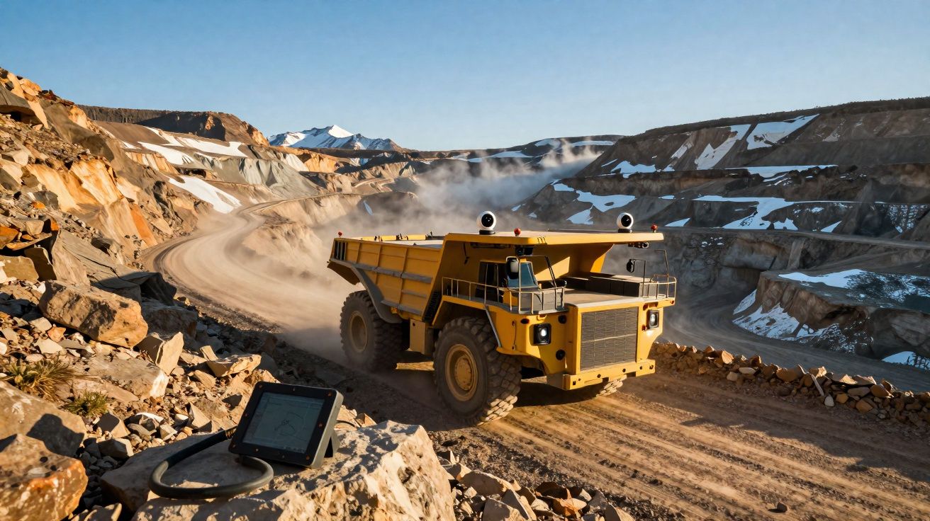 Caminhão de mineração amarelo circula em estrada de terra numa pedreira com encostas rochosas e neve.