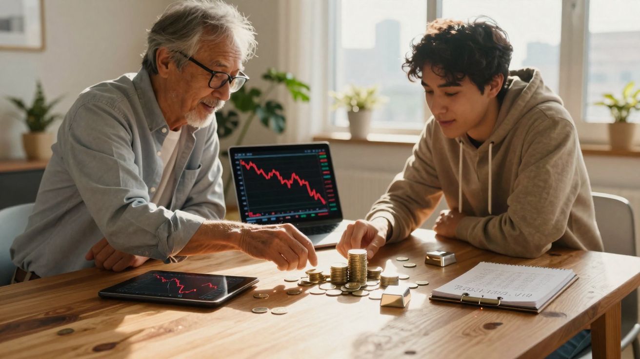 Homem idoso e jovem sentado à mesa a contar moedas com gráficos financeiros no computador e tablet.