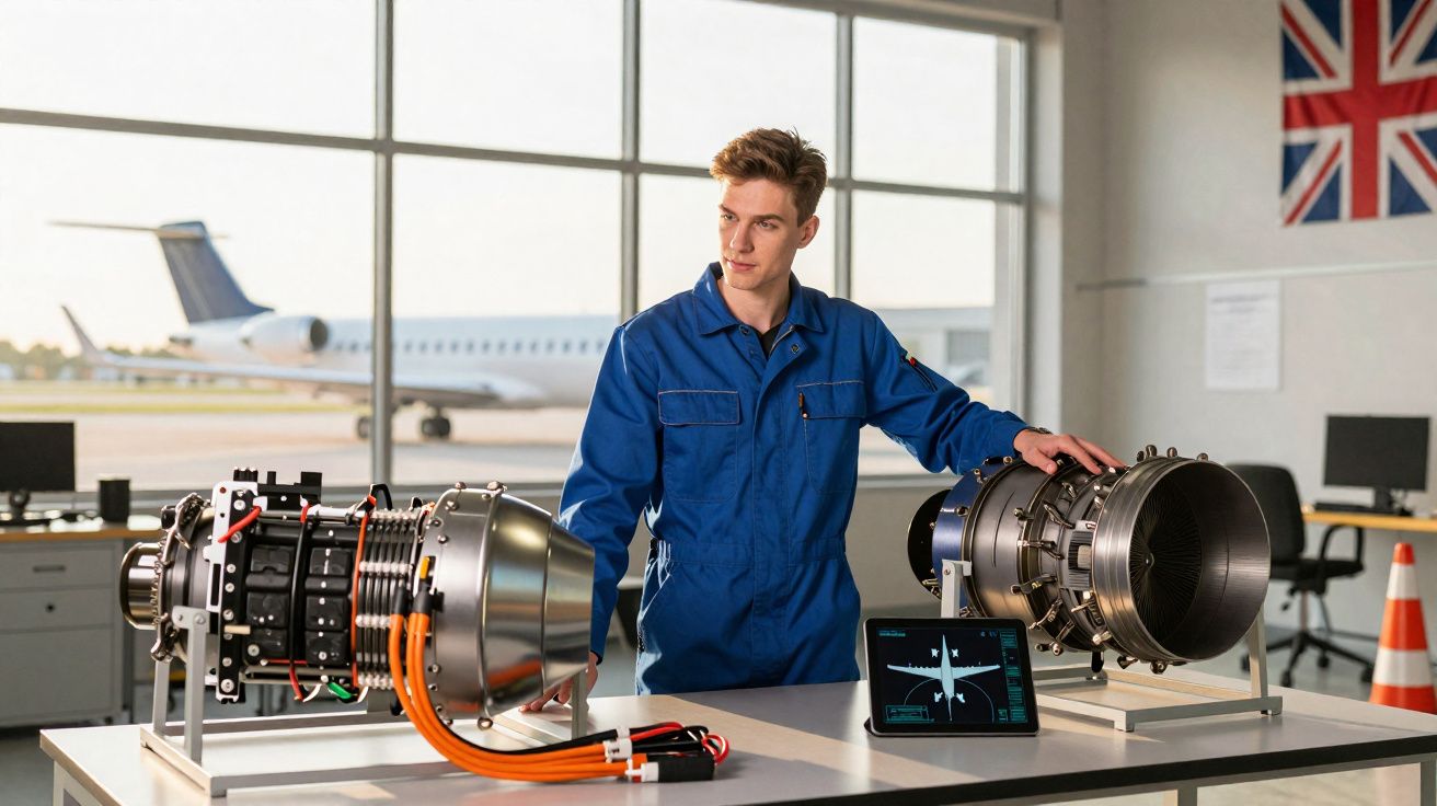 Jovem técnico em macacão azul examina motores de avião em oficina com janelas para pista e aeronave.