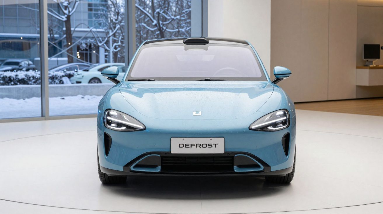 Automóvel elétrico azul claro estacionado em espaço interior com enorme janela e neve lá fora.