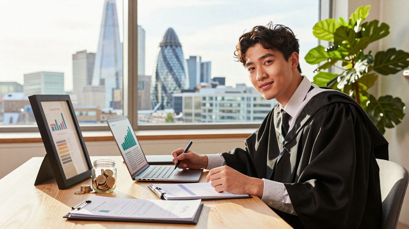 Jovem com bata académica sentado numa secretária com documentos e laptop junto a janela com vista para arranha-céus.