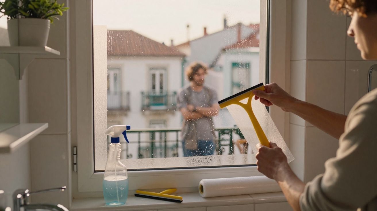 Pessoa a limpar janela de casa com rodo amarelo, homem desfocado no exterior, ambiente interior iluminado.