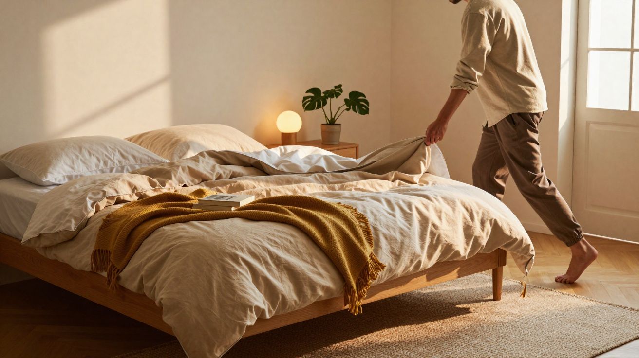 Pessoa a arrumar uma cama com roupa de cama bege, manta castanha e luz suave numa manhã iluminada.