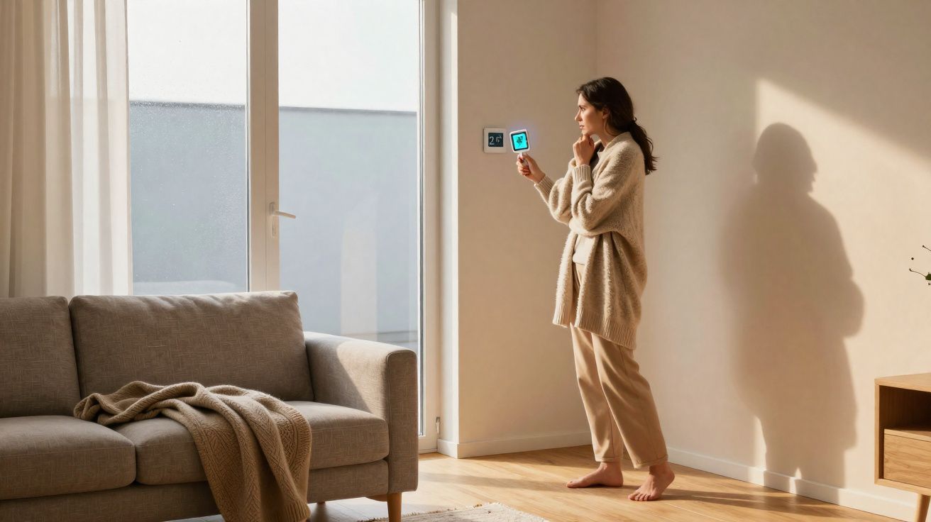 Mulher a ajustar a temperatura com termóstato numa sala iluminada, junto a sofá cinzento com manta castanha.