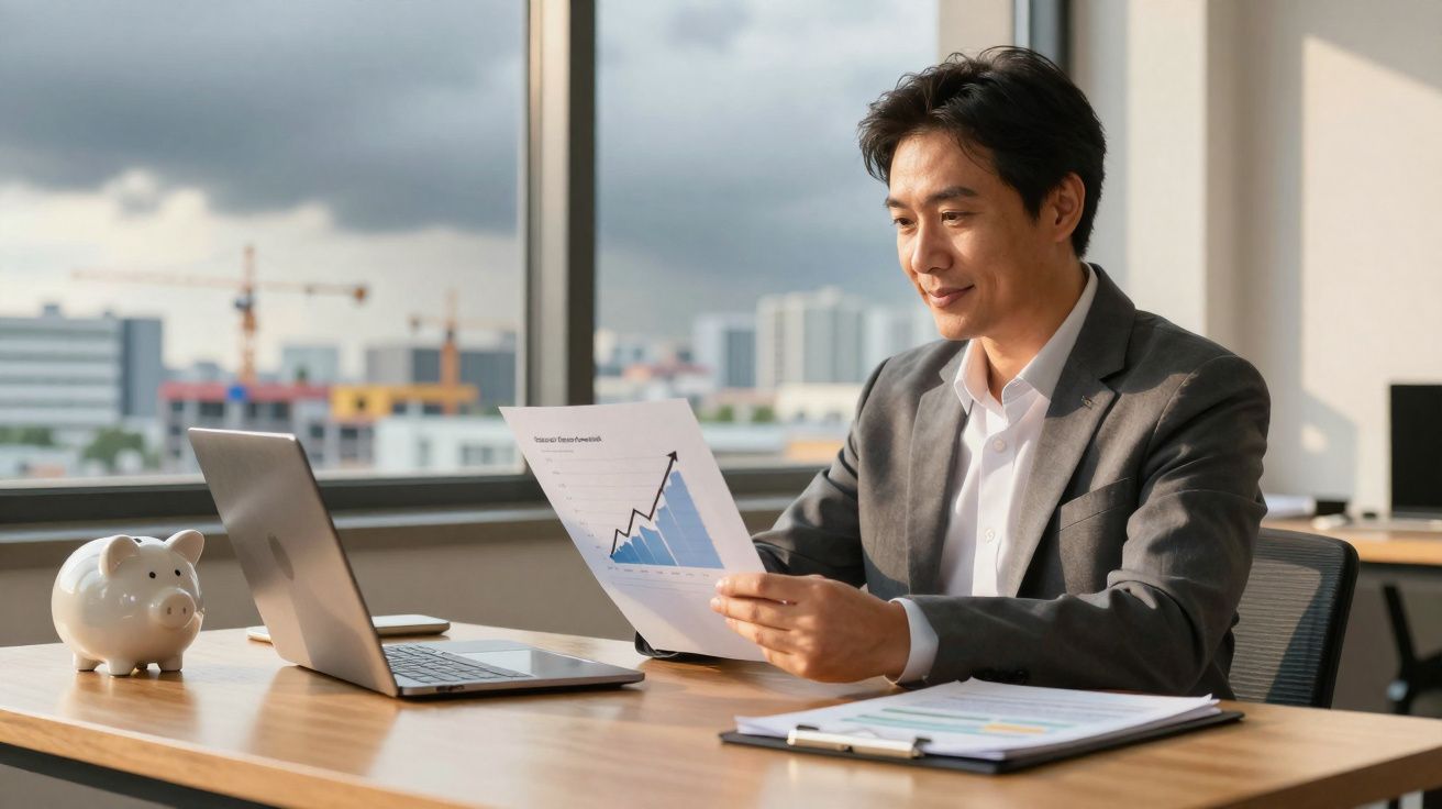 Homem de negócios analisando gráfico de crescimento em papel no escritório com computador à sua frente.