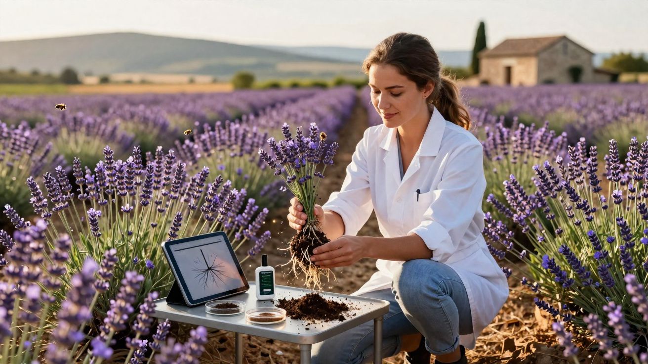 Mulher cientista analisa planta de lavanda num campo, com mesa e material de estudo ao ar livre.