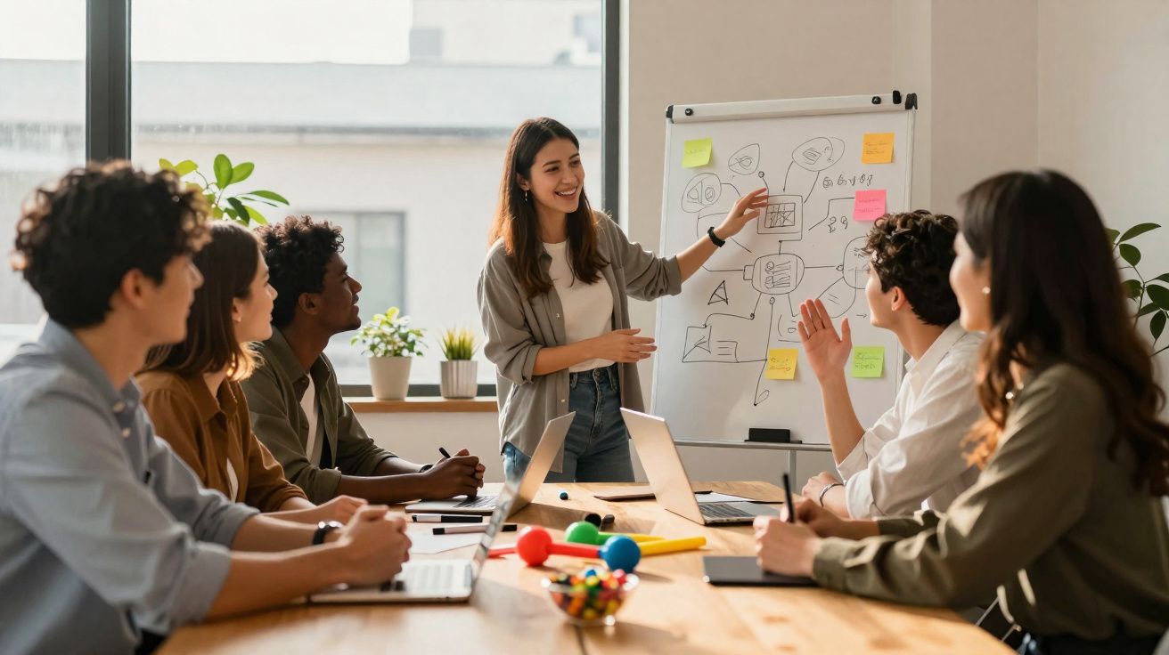 Grupo de jovens em reunião colaborativa com apresentação em quadro branco e computadores numa sala luminosa.