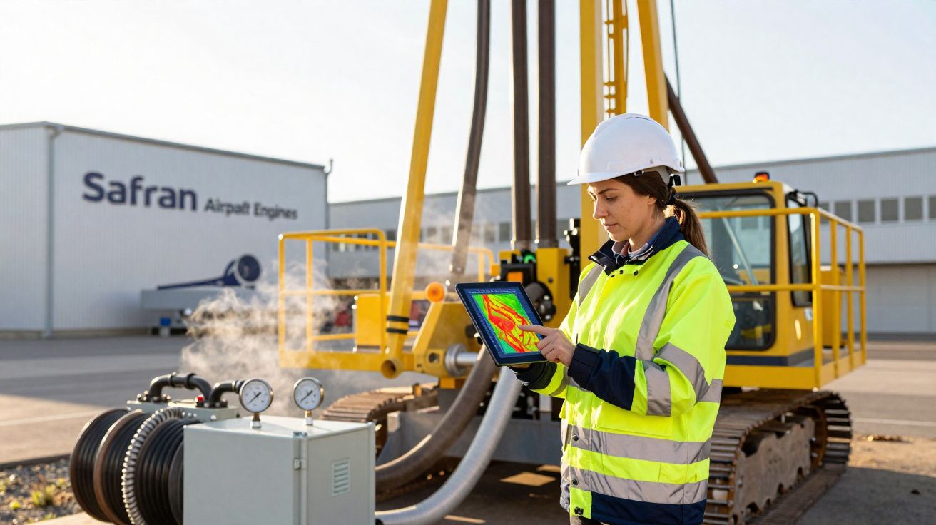 Mulher com colete refletor e capacete branca usa tablet em obra industrial da Safran Airport Engines.
