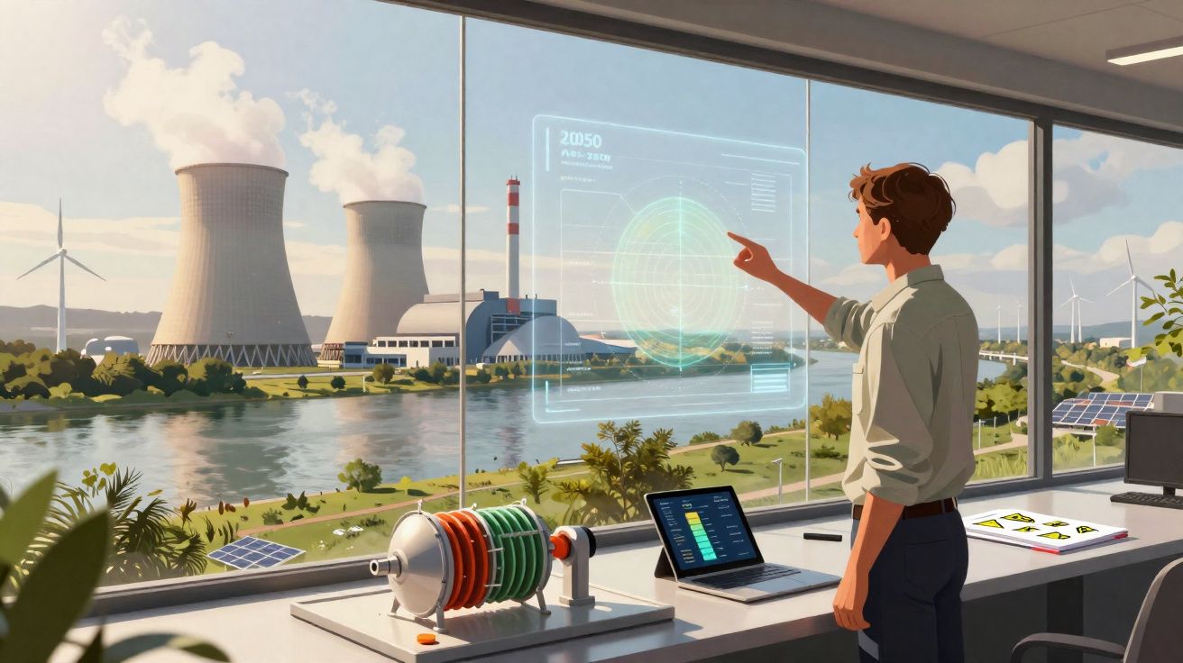 Pessoa a analisar dados holográficos sobre energia sustentável junto a fábrica com turbinas eólicas e torres de refrigeração.