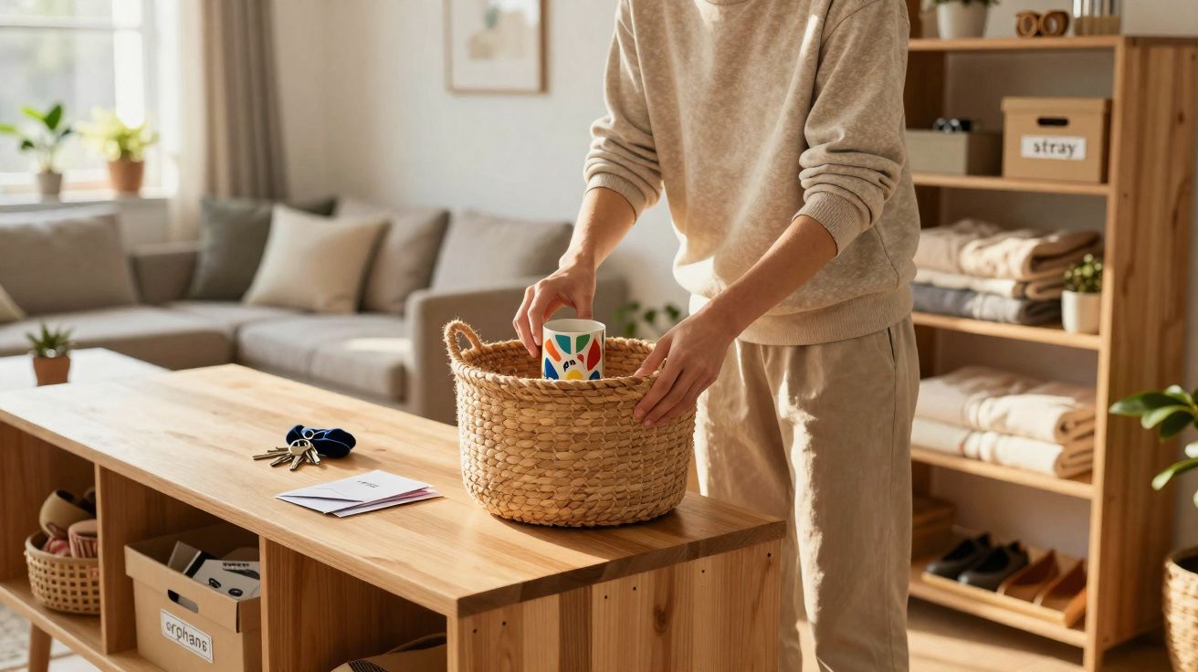 Pessoa a colocar uma caneca colorida numa cesta de verga num móvel de madeira numa sala iluminada.