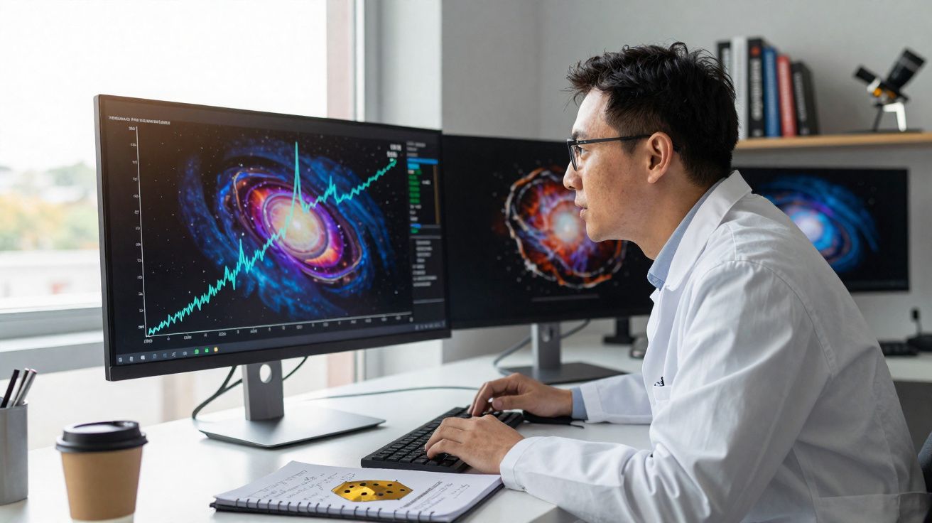 Cientista em bata branca analisa dados de galáxia em dois ecrãs no seu laboratório moderno.