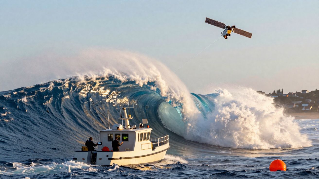 Barco pequeno no mar com onda gigante a formar-se e satélite em voo no céu ao pôr do sol.