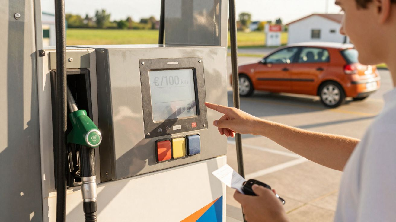 Pessoa a usar caixa multibanco num posto de gasolina com uma mangueira de combustível verde e carro laranja ao fundo.