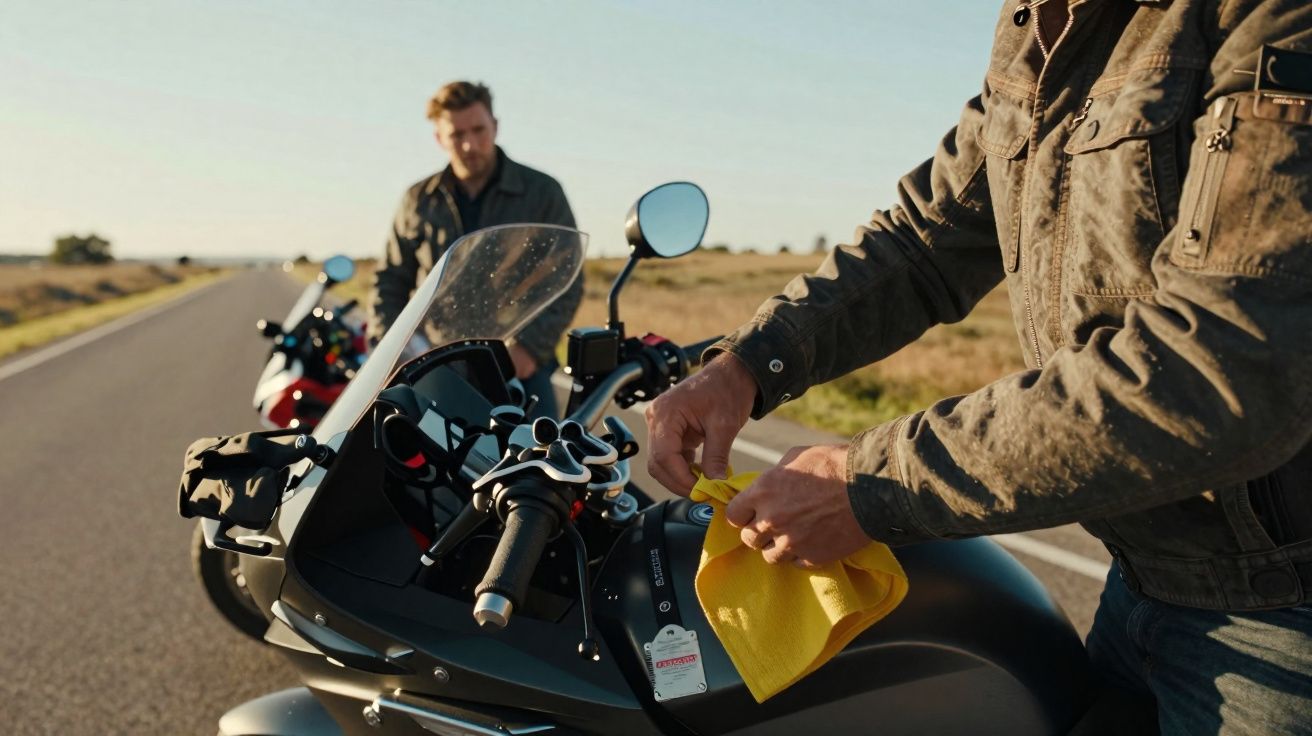 Homem limpa o guiador de uma mota preta numa estrada com outro homem ao fundo.