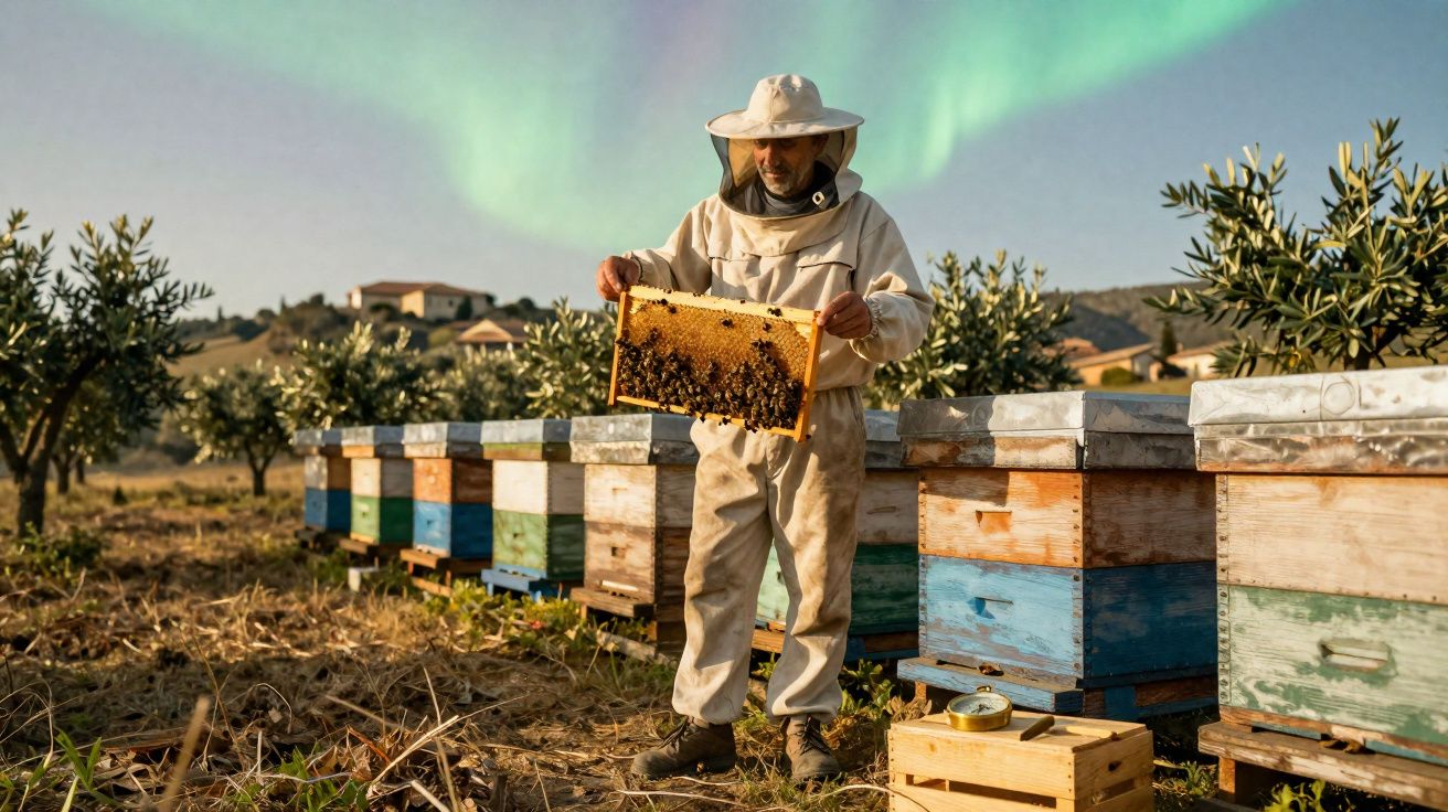 Apicultor com fato protetor a examinar uma colmeia em campo com caixas de abelhas e aurora boreal no céu.