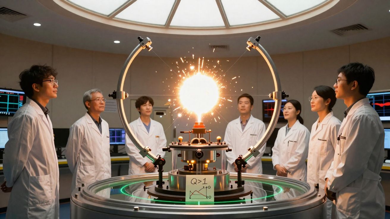 Grupo de cientistas em batas brancas observam equipamento com luz brilhante num laboratório moderno.