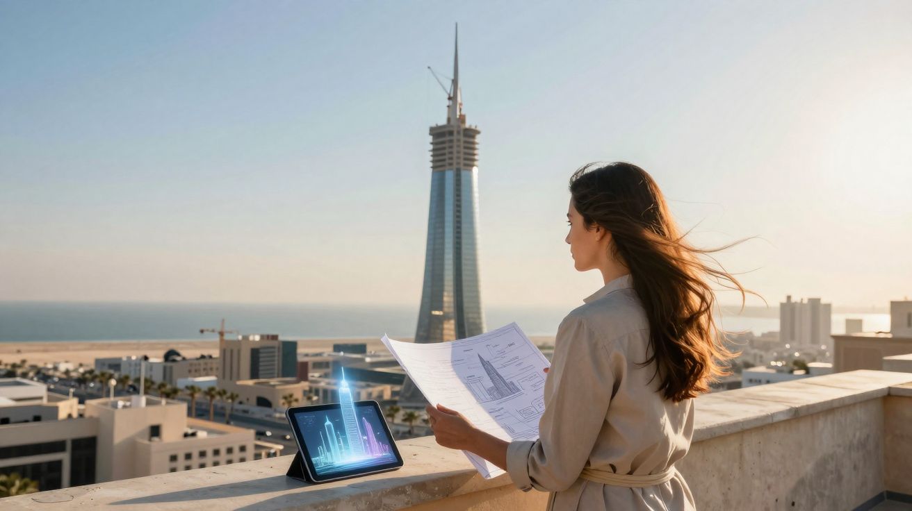 Mulher revisa projeto de arranha-céus com planta e holograma numa cidade costeira ao pôr do sol.