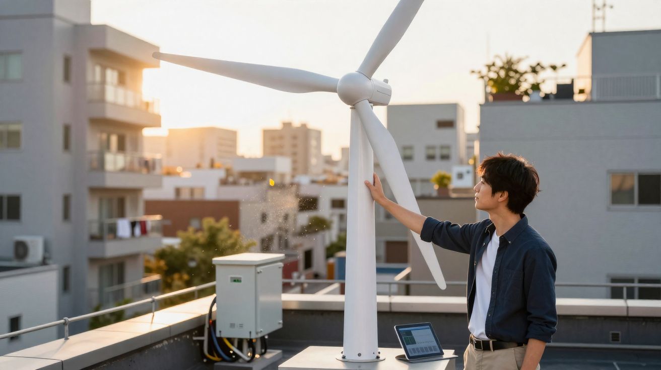 Homem jovem num telhado a tocar numa turbina eólica ao pôr do sol numa cidade urbana.