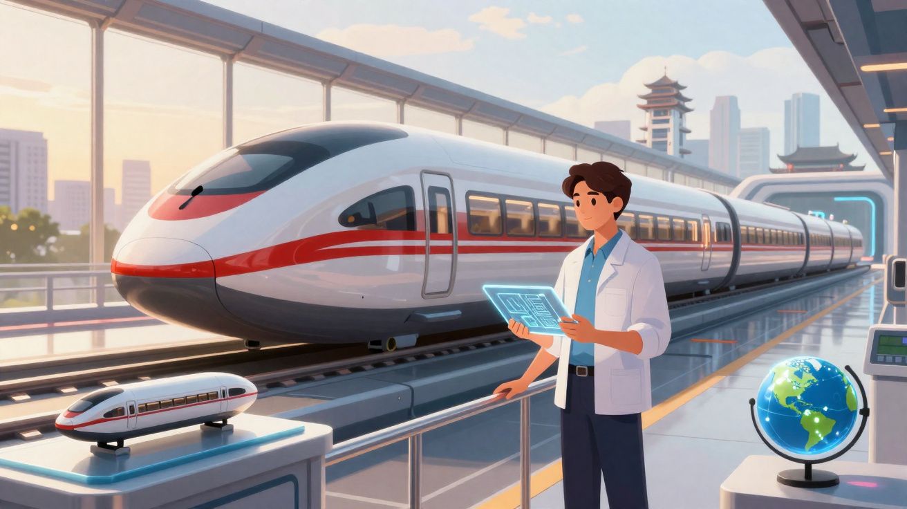 Cientista com tablet ao lado de comboio moderno numa estação ferroviária futurista ao pôr do sol.