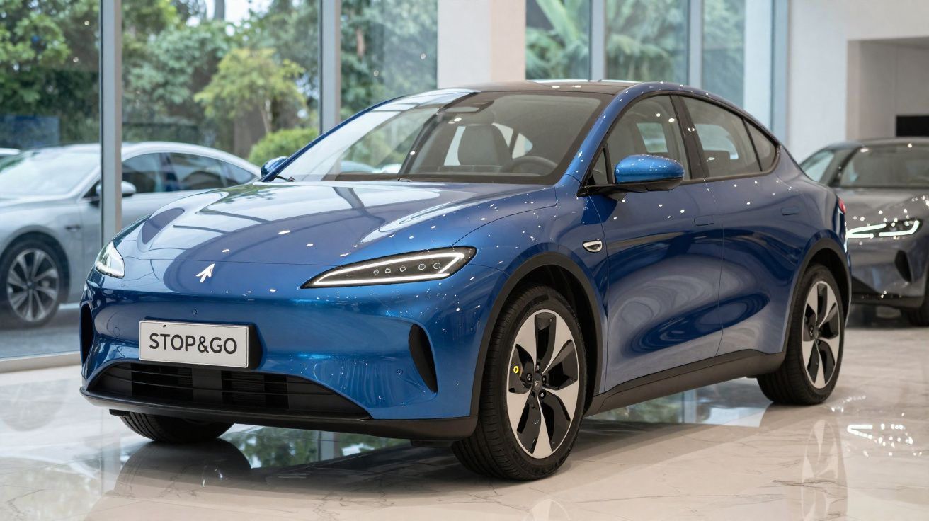Carro elétrico azul Stop&Go exibido numa sala de exposição com janelas amplas e outros carros ao fundo.