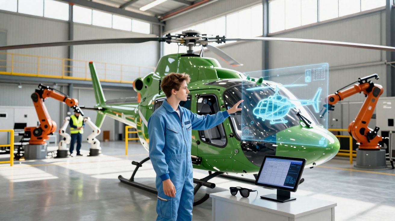 Técnico em macacão azul interage com holograma de helicóptero verde numa oficina com braços robóticos.