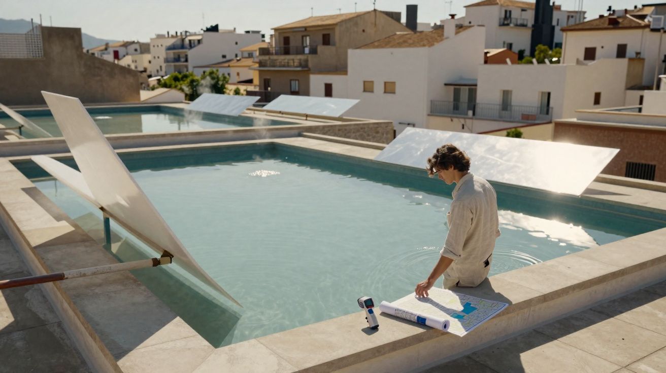 Homem a analisar plantas junto a uma piscina pequena num terraço com edifícios ao fundo.