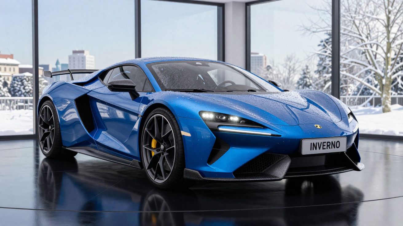 Carro desportivo azul com detalhes pretos estacionado numa sala com janelas grandes e vista para paisagem nevada.