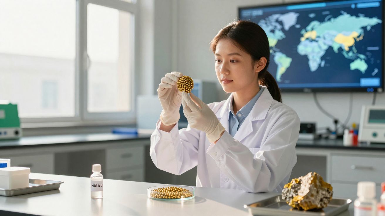 Cientista feminina em laboratório a examinar esfera dourada, com mapa mundi digital ao fundo.