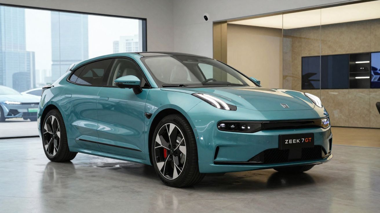 Carro elétrico azul Zeekr 7 GT estacionado em interior moderno com janelas grandes.