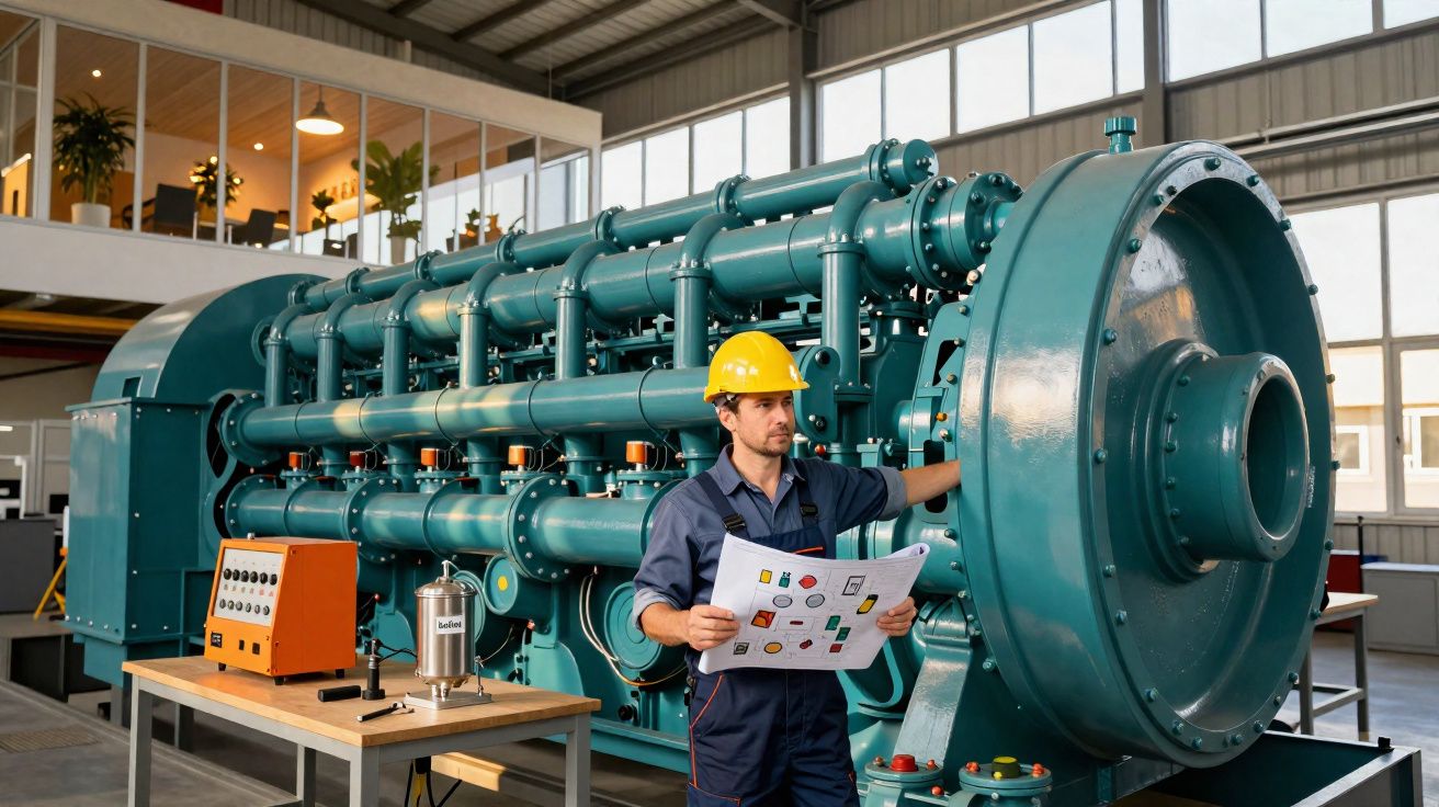 Homem com capacete amarillo e macacão azul inspeciona máquina industrial grande numa fábrica.